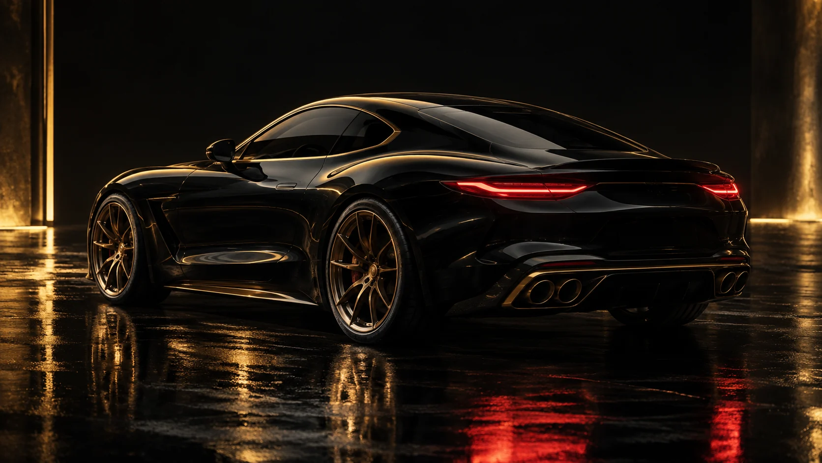 A sculpted black coupe with illuminated red tail lights